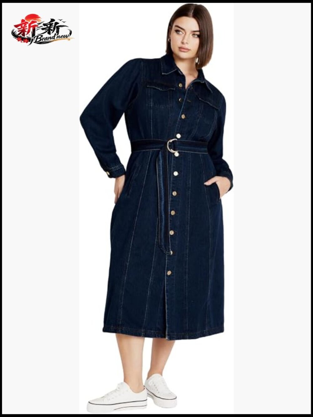 Plus Size Denim Maxi Dress with Pockets & Waist Tie